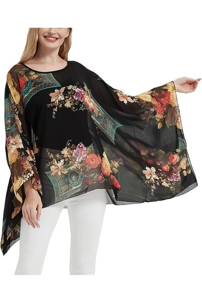 GENERAL Wiiiwish Women's Loose Solid Long Batwing Sheer Chiffon Caftan Wrap P...