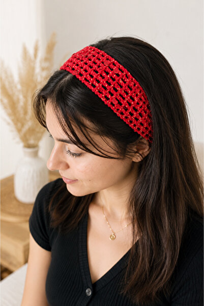 BeyzHal Red Gold Glittery Sequin Knitted Hair Band Adjustable Bohemian Bandan...