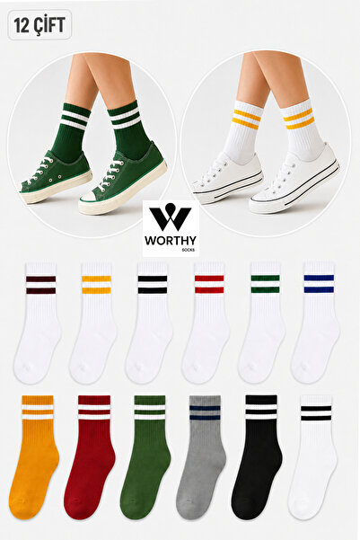 WORTHY SOCKS Pack of 12 Multi-Colored Striped Cotton College Socks