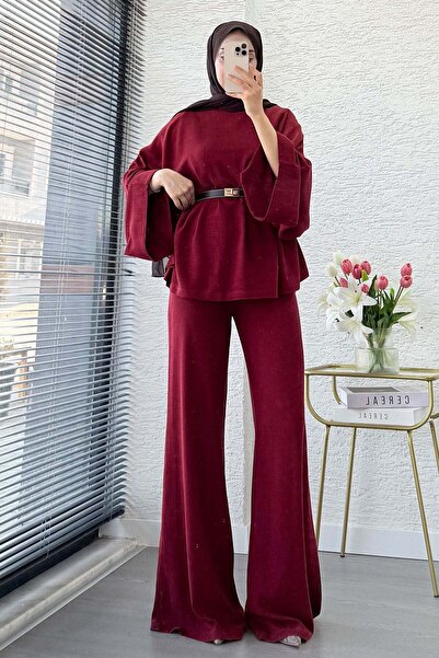 MELEK ARAZ Premium Kayık Yaka İspanyol Paça Keten Pantolon Takım - Bordo