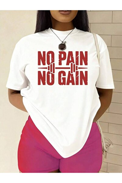 4Car Women No Gain Motivational T-Shirt White Short Sleeve Round Neck Tee Wit...