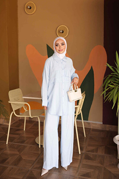 İmajButik Baby Blue Shirt Collar Tunic Pants Set