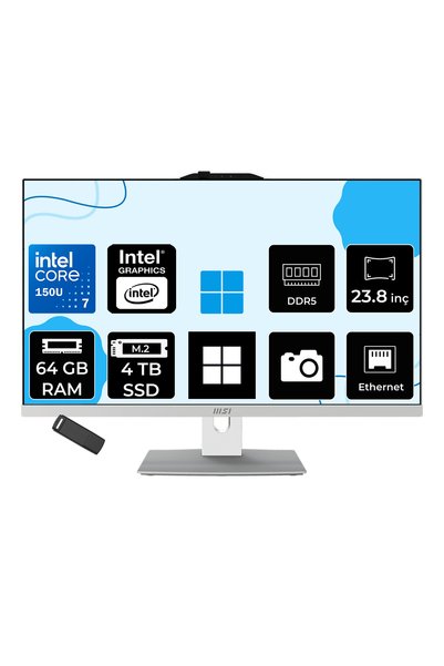 MSI Modern AM242P Intel Core 7 150U 64GB RAM 4TB SSD Intel Graphics 23.8" Full HD (1920x1080) Win11 Home 1M-2288NEUP441 Beyaz All In One Bilgisayar + Per4 USB Bellek