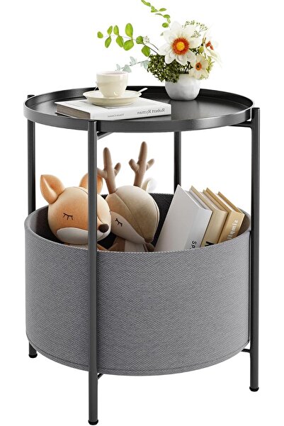 GENERAL End Tables with Fabric Storage Basket, Round SideTables Bedroom, Lamp...