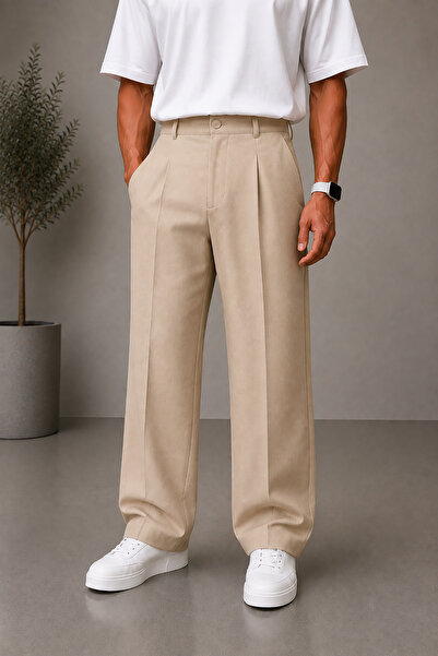 Montivo Men's Beige Baggy Fabric Trousers Loose Fit Straight Leg