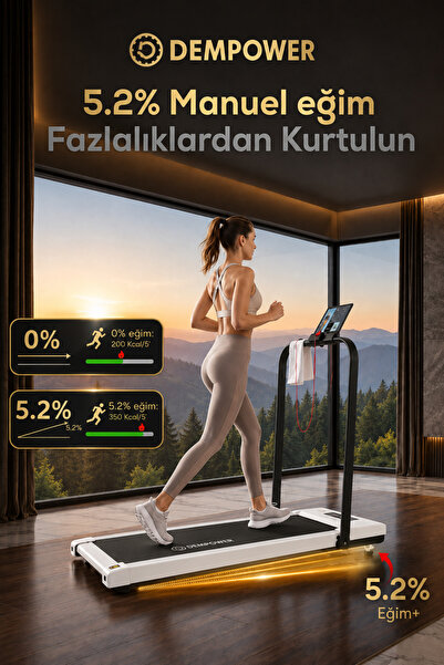 DEMPOWER 150KG Taşıma Kapasiteli, 12KM/H, Manuel Eğimli, Bluetoothlu, LCD Ekranlı Yürüyüş Ve Koşu Bandı Beyaz