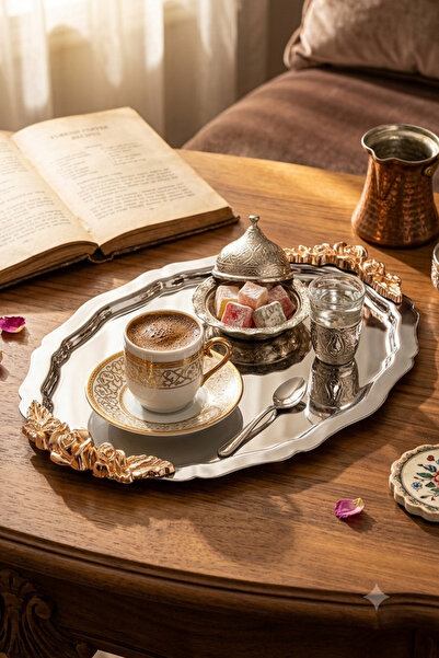AHİR TİCARET 1 Piece Silver Oval Model Rose Motif Coffee-Tea Presentation Tra...