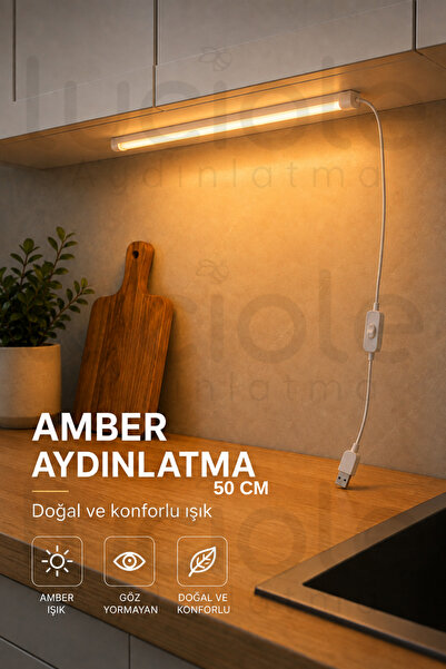 luciole 50 Cm Amber LED Bar USB 5V Anahtarlı Yapışkanlı Mutfak Dolap Altı Tez...