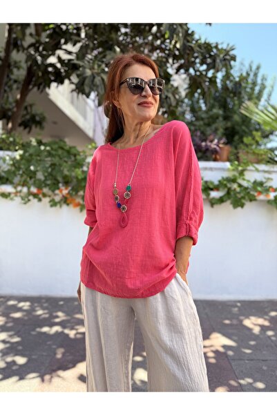 DenizEge Italian Cotton - Linen Textured Blouse with Pendant Pink