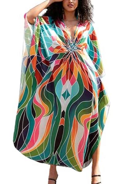 YouKD Women's Pirnt Floral Long Kaftan Maxi Dress Pluse Size Bikini Beach Cov...