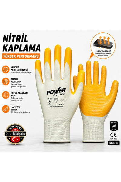 DESIPHON POWER TEK Nitril Kaplama İş Eldiveni Beden 10 – Kaymaz Tutuşlu, Esne...