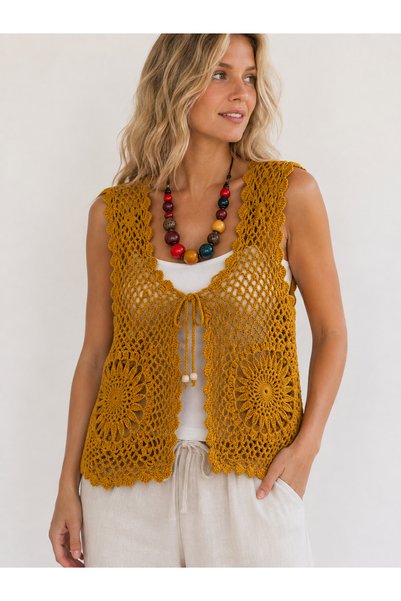 edirneörgü Women's Mustard Yellow Hand-Knitted Openwork Vest – Bohemian Summer Vest with Round Motifs and Ties