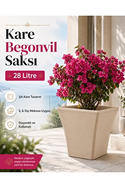 Hep İndirimli 38Cm Kare Begonvil Beyaz Saksı - 28 Litre Beton Görünümlü Plast...