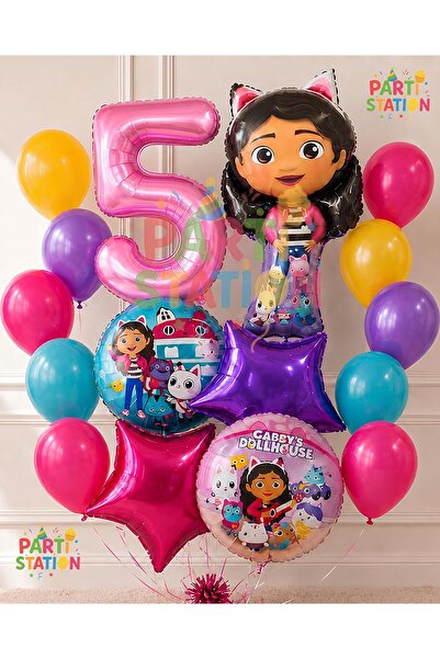 Parti Station Gabby Dollhouse Balloon Set 5 Years Old 14 Piece Birthday Ballo...