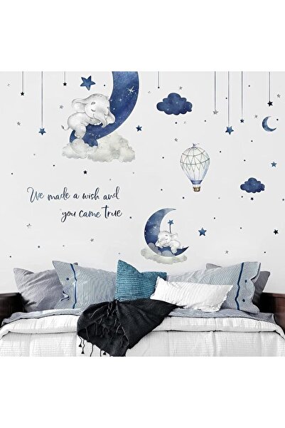 EXCEFORE Blue Watercolor Elephant Wall Decals, Sweet Dream Sticker with Moon ...