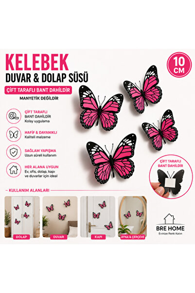 BRE HOME 1 adet Kelebek Duvar ve Dolap Süsü 10 CM Dekoratif Kelebek Süsleme Ç...