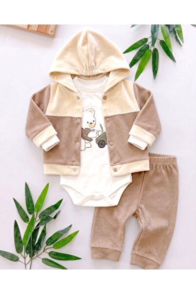 Ege Bebek Winter Teddy Bear Detailed 3 Piece Velvet Baby Set |   0-9 Months H...