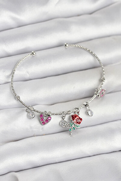 SORA GROUP Rose Charm Silver Color Brass Women's Bracelet