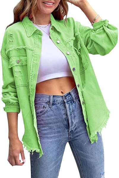 Generic Womens Ripped Distressed Denim Jacket Distressed Hem Button Front Boy...