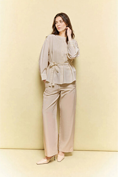 DeFacto H3673Axbg186 Beige Regular Fit Striped Long Sleeve Tunic