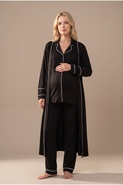 Pelin Women's Black Piping Buttoned Maternity Pajama Set with Dressing Gown