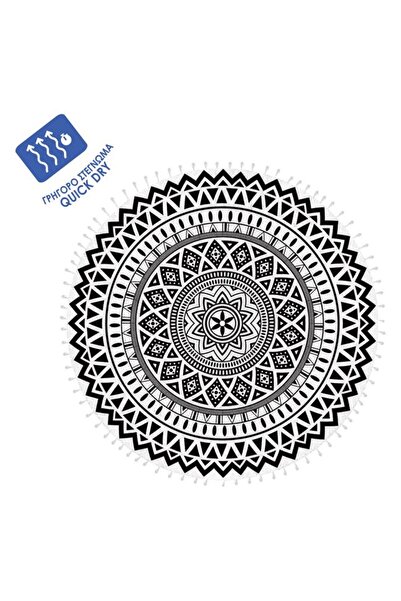 OEM Prosop Rotund cu Model Aztec Negru Alb cu Franjuri pentru Plaja Ø150cm