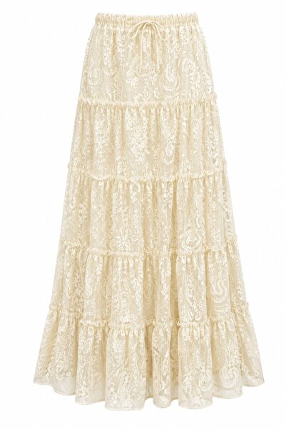 Laluvia Cream Patterned Midi Skirt with Embroidery Detail - 50235