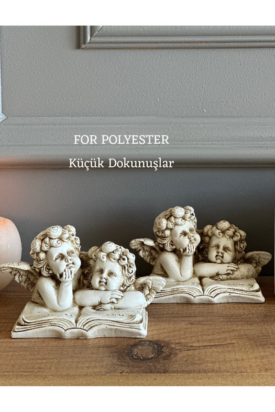 FOR POLYESTER Küçük Dokunuşlar 2’li Melek Biblo Takım Fildişi Eskitme/Kitaplı...