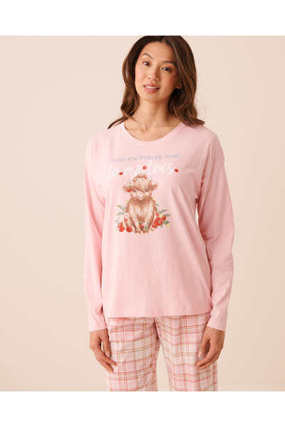 La Vie en Rose Highland Cow Print Cotton Long Sleeve Shirt