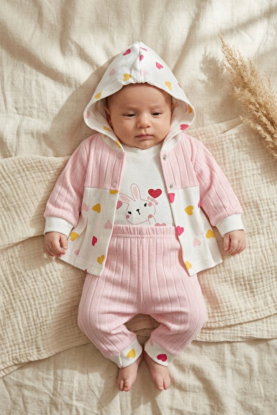 Babyim Rabbit Printed Hooded Cardigan, Bodysuit and Ribbed Trousers 3-Piece B...
