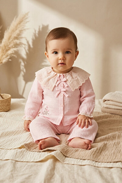 ciciben Baby Girl Light Pink Muslin 2-Piece Set - Lace Detailed Wide Collar E...