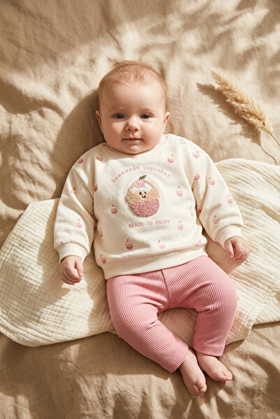 Babydonat Baby Girl Cream Cupcake Embroidered Sweatshirt and Fuchsia Ribbed L...