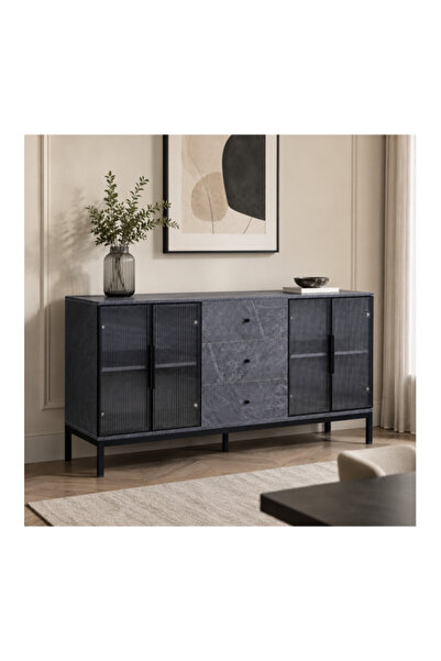 DEC4 Modern Luxury Wooden Buffet Cabinet Furniture with Iron Stand and Glass ...