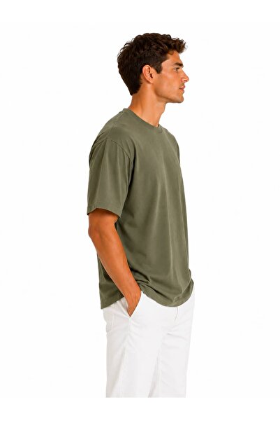 Vasto Moda Erkek Tam Oversize Kalıp Kalın Dokulu %100 Organik Pamuk Bisiklet Ribana Yakalı Haki T-Shirt