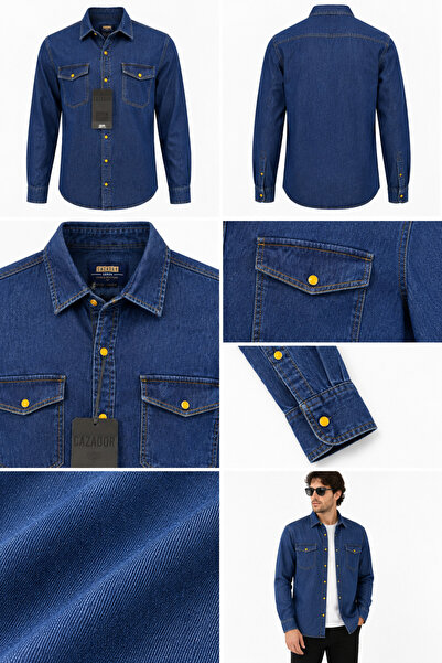 BYMEN ERKEK GİYİM Erkek Koyu Mavi Slim Fit Çift Cepli Çıtçıt Düğmeli Denim Gö...