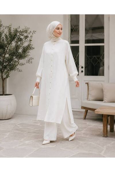 manana fashion Linen Button Detailed Hijab Long Tunic Pants Set