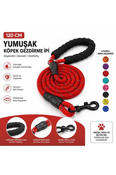 Hakdempet 120 Cm Reflektörlü 10 mm Köpek Gezdirme İpi – Yumuşak Saplı Kırmızı...