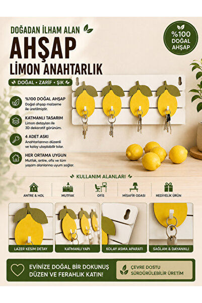 ROKH Wooden Lemon Keychain Hanger |   4-Piece Decorative Key Holder |   Laser...
