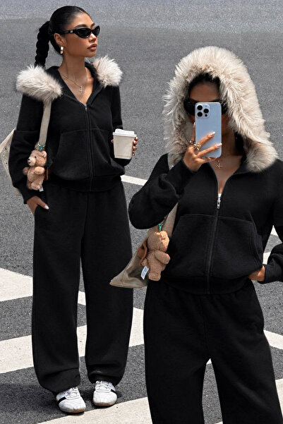 İlayda Toprak Muchi Black Fur Hooded Loose Fit Kangaroo Pocket Premium 3 Thre...