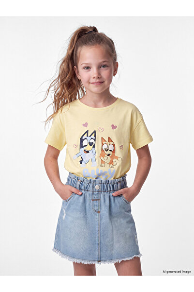 LC Waikiki Trendlucky Bluey Printed Girls' T-Shirt with Oval Collar and Contrast