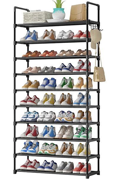Kitsure 10-Tier Shoe Storage Rack for 36-49 Pairs Featuring Hooks, Black | Ta...