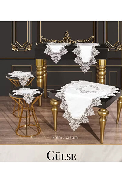 Ceki Home Gülseda Model Cream-Cream Σετ 5 τεμαχίων από λινό δαντελένιο ράνερ ...