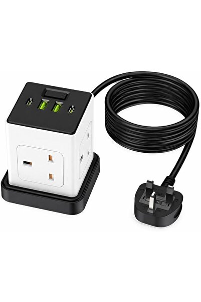 Generic مقبس تمديد كهربائي بـ 4 مخارج مع منفذين USB-A ومنفذين USB-C، شريط طاق...