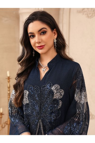 Noon Noora Light Luxury Sequin Beaded V-Neck Loose Fit Slimming Jalabiya Evening Gown Dress
