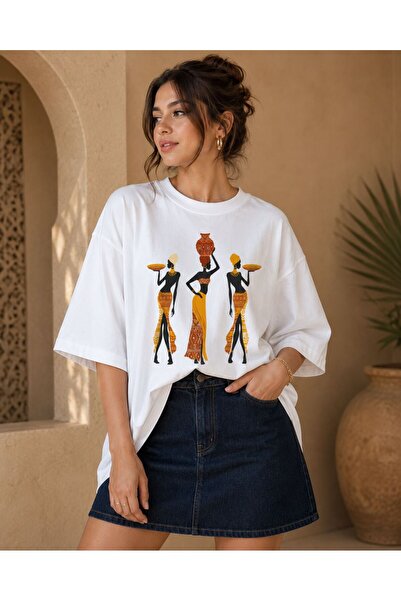 ZAVIXO Oversize T-Shirt Ethnic Female Figure Printed Authentic Patterned Loos...
