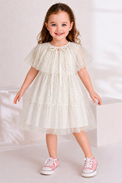 GÜLERBEBECİX Girl's Polka Dot Tulle Dress with Cape Detail, Stylish Evening D...
