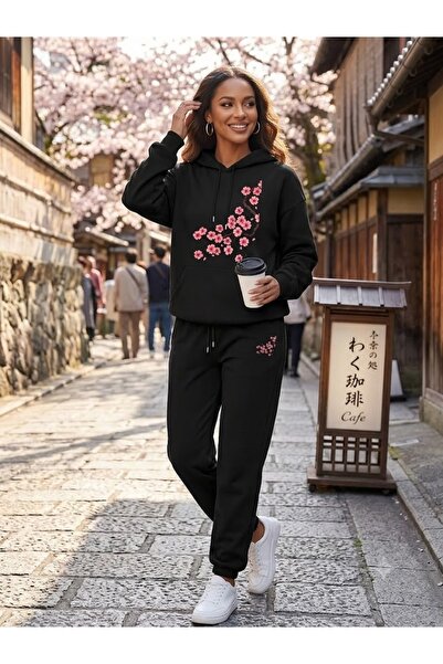 WOODROFFE Women's Sakura Printed Oversize Hooded Tracksuit Set Casual