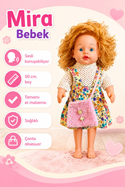 ARI TOYS 50 cm Konuşan Sesli Oyuncak Et Bebek Mira Saçlı, Çantalı, Kız Çocukl...