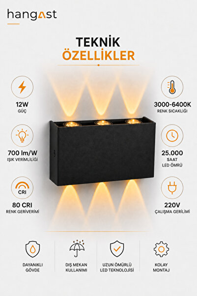 HANGAST PİLLİ AMBER 3 LED Dekoratif Duvar Apliği | Çift Yönlü Yukarı Aşağı Aydınlatma | İç & Dış Mekan Duvar Lambası