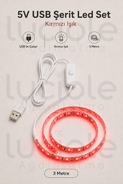 luciole 3 Metre 5V USB Kırmızı Şerit LED Aç Kapa Anahtarlı Gaming TV Masa Raf Araç Dekoratif Led